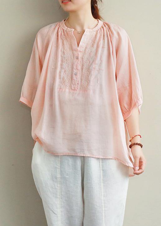 Simple V Neck Lantern Sleeve Linen Top Silhouette Ideas Pink Embroidery Shirt