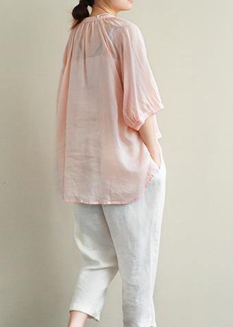 Simple V Neck Lantern Sleeve Linen Top Silhouette Ideas Pink Embroidery Shirt