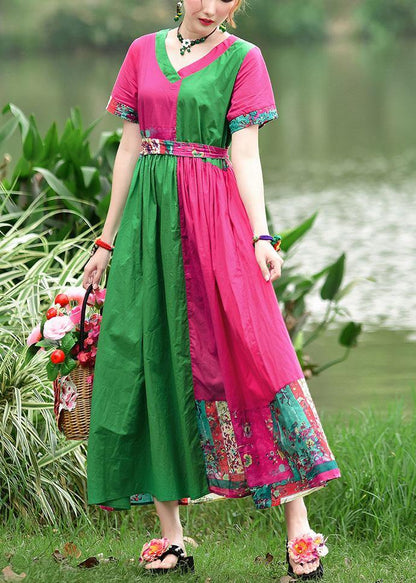 Simple V Neck Patchwork Cotton Dresses Shape Red Green Print Cotton Dresses Summer