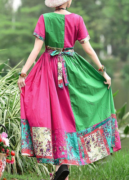 Simple V Neck Patchwork Cotton Dresses Shape Red Green Print Cotton Dresses Summer