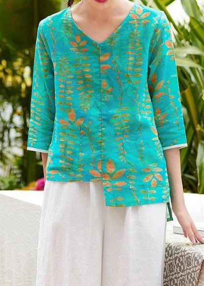 Simple V Neck Patchwork Linen Box Top Fabrics Green Prints Blouses Summer