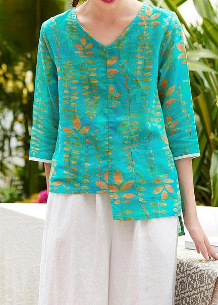 Simple V Neck Patchwork Linen Box Top Fabrics Green Prints Blouses Summer