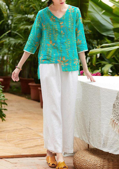 Simple V Neck Patchwork Linen Box Top Fabrics Green Prints Blouses Summer