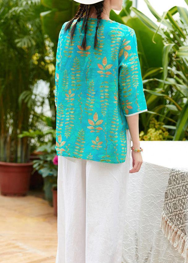 Simple V Neck Patchwork Linen Box Top Fabrics Green Prints Blouses Summer