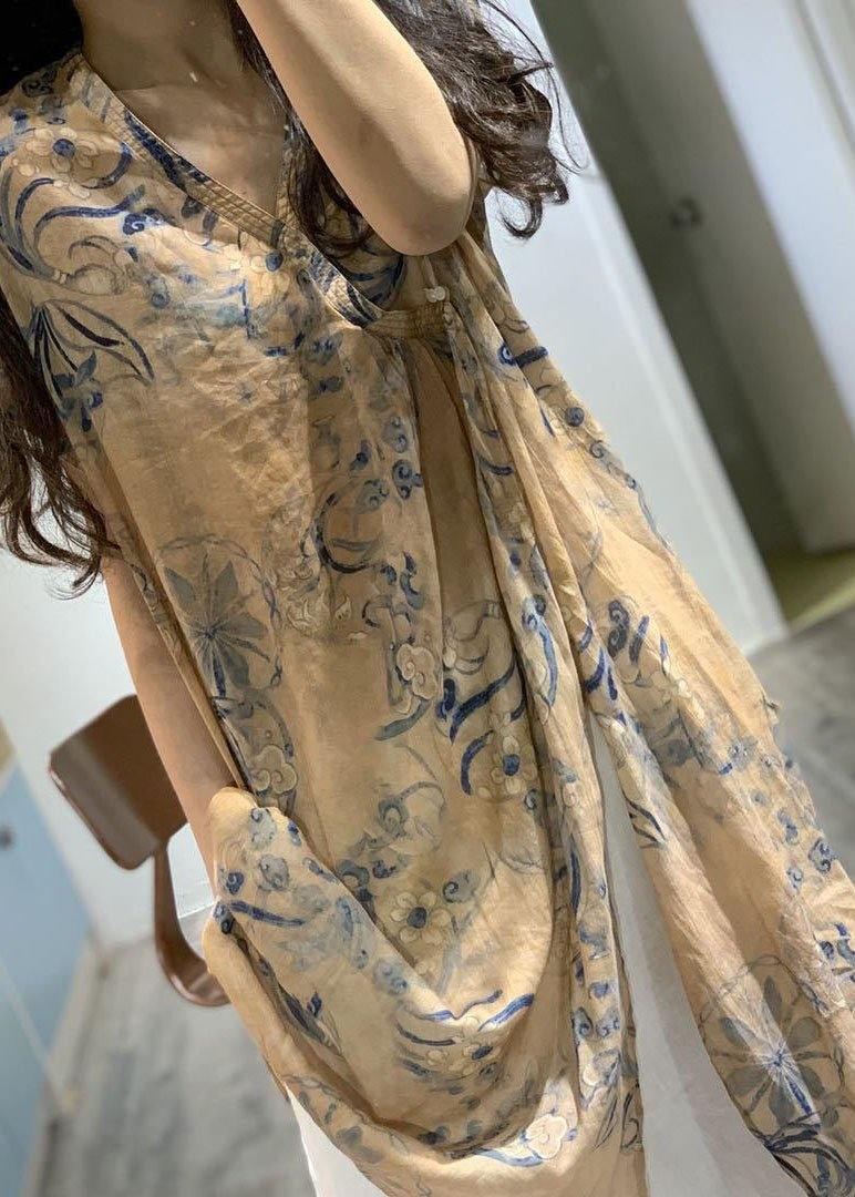 Simple V Neck Prints Linen Clothes Side Open Loose Dress