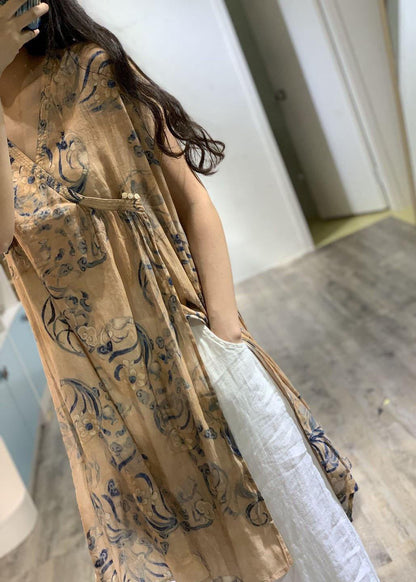 Simple V Neck Prints Linen Clothes Side Open Loose Dress