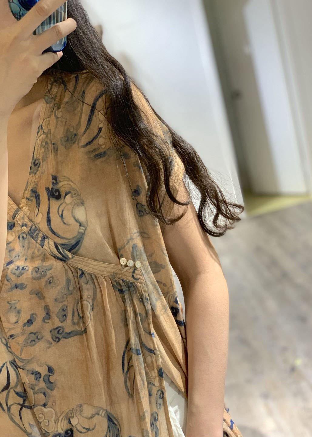 Simple V Neck Prints Linen Clothes Side Open Loose Dress