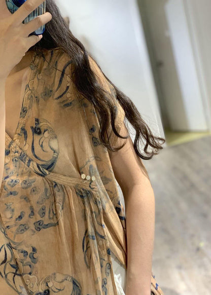 Simple V Neck Prints Linen Clothes Side Open Loose Dress