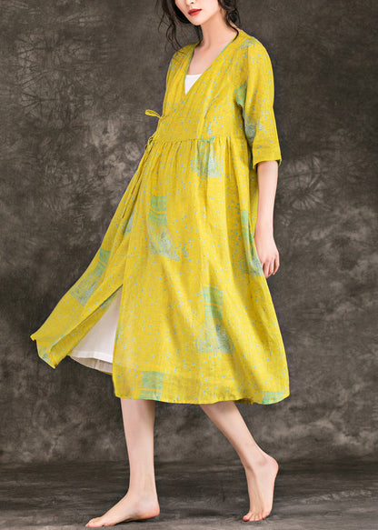 Simple V Neck Tie Waist Chiffon Clothes Runway Yellow Print Short Dress Summer