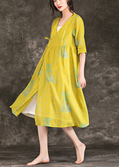Simple V Neck Tie Waist Chiffon Clothes Runway Yellow Print Short Dress Summer