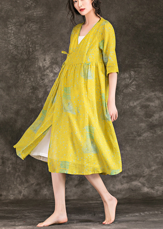 Simple V Neck Tie Waist Chiffon Clothes Runway Yellow Print Short Dress Summer