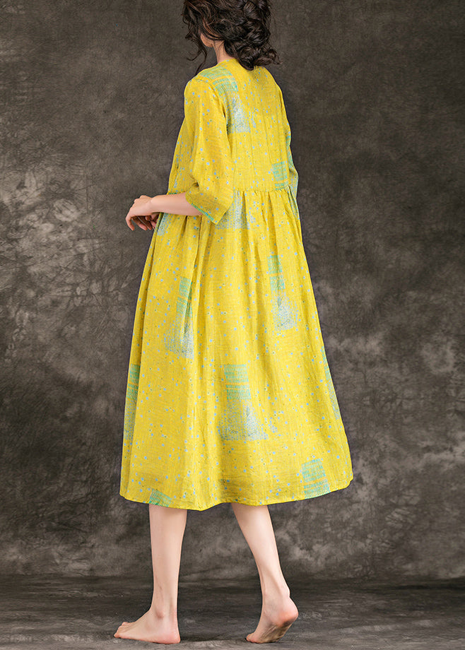 Simple V Neck Tie Waist Chiffon Clothes Runway Yellow Print Short Dress Summer