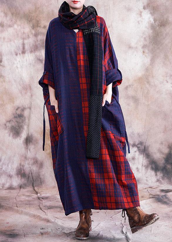 Simple V Neck Tie Waist Linen Cotton Dress Linen Red Plaid Dresses Fall