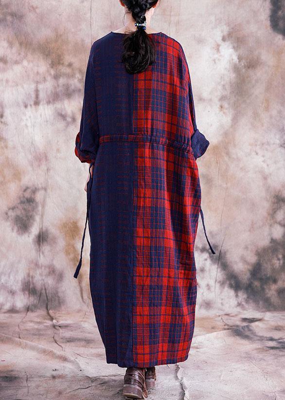 Simple V Neck Tie Waist Linen Cotton Dress Linen Red Plaid Dresses Fall