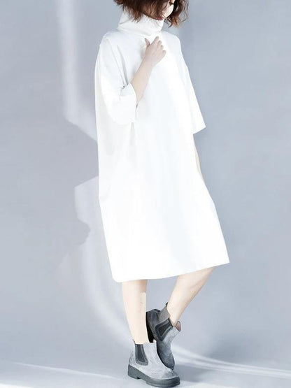 Simple White Cotton Tunic Dress High Neck Half Sleeve Oversized Dress