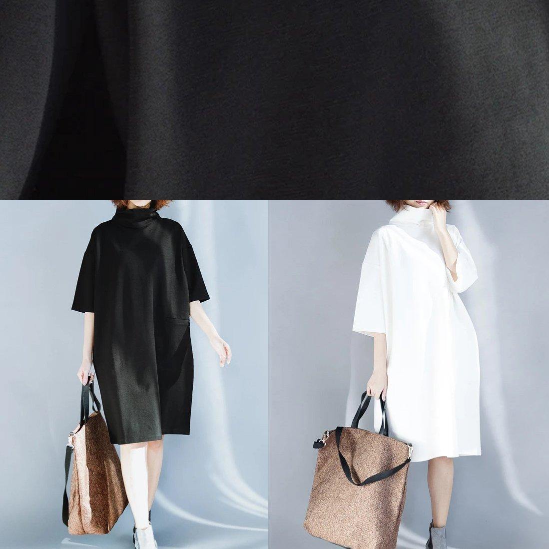 Simple White Cotton Tunic Dress High Neck Half Sleeve Oversized Dress