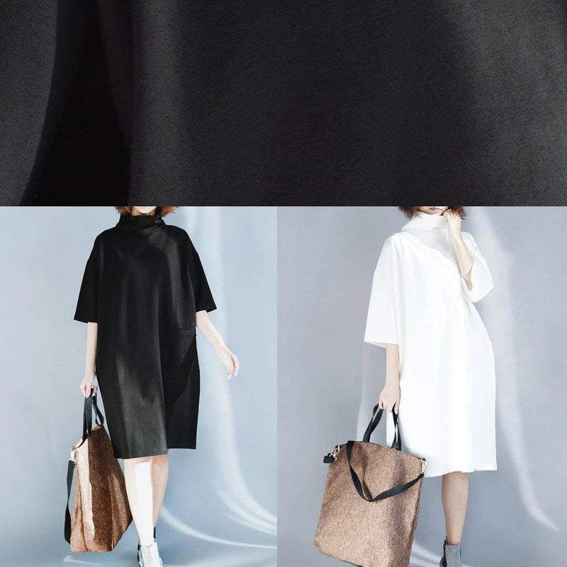 Simple White Cotton Tunic Dress High Neck Half Sleeve Oversized Dress