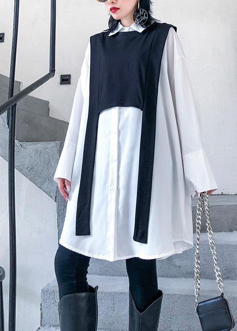 Simple White Cotton Tunic Top Two Pieces Oversized Wild Shirt