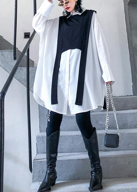 Simple White Cotton Tunic Top Two Pieces Oversized Wild Shirt