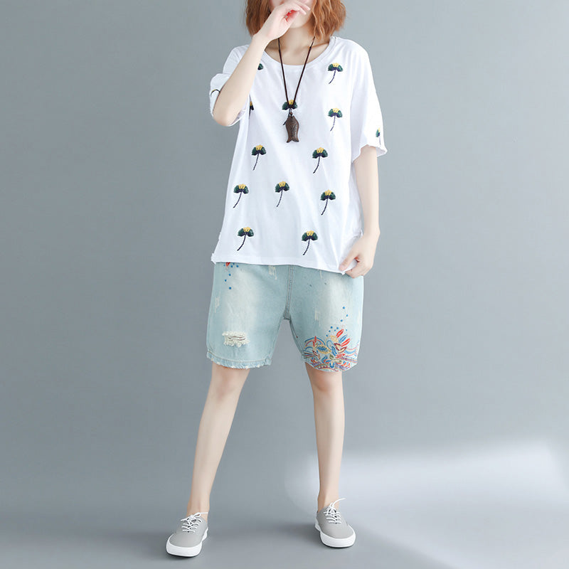 Simple White Embroidery Cotton Clothes Inspiration O Neck Loose Shirt