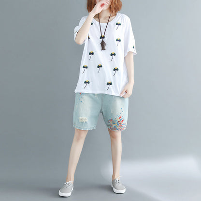 Simple White Embroidery Cotton Clothes Inspiration O Neck Loose Shirt