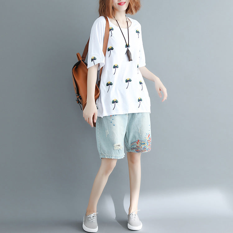 Simple White Embroidery Cotton Clothes Inspiration O Neck Loose Shirt