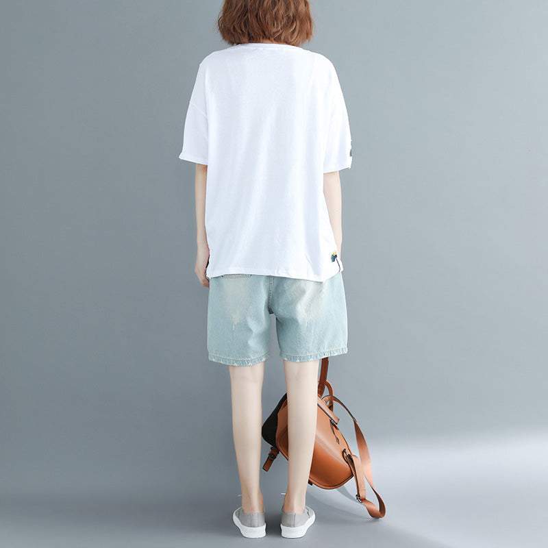Simple White Embroidery Cotton Clothes Inspiration O Neck Loose Shirt
