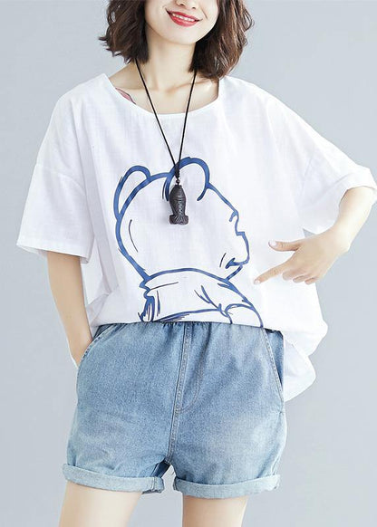 Simple White O Neck Cotton Box Top Prints Knee Summer Tops