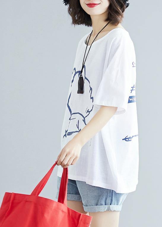 Simple White O Neck Cotton Box Top Prints Knee Summer Tops