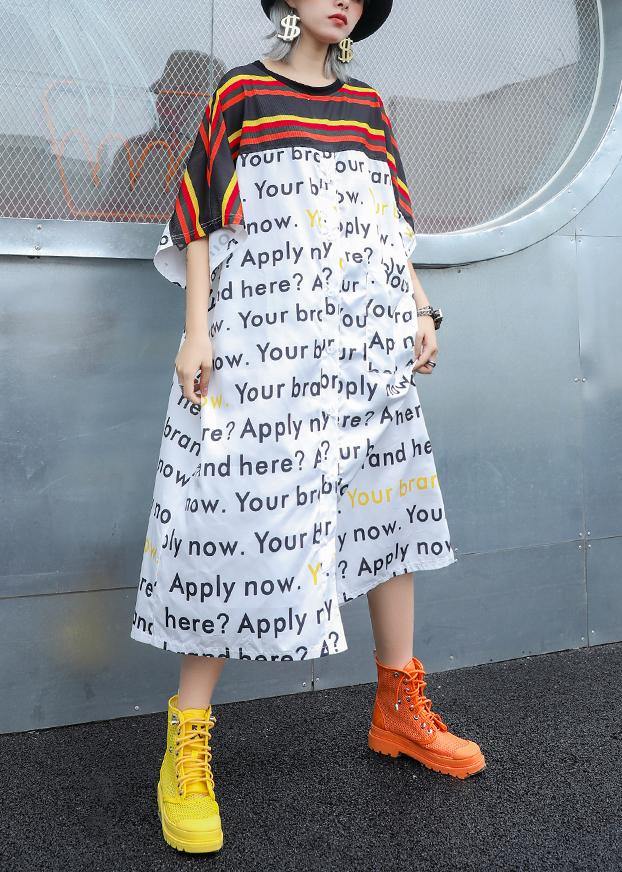 Simple White Print Cotton Dress O Neck Patchwork Maxi Summer Dress