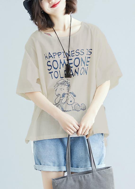 Simple White Print Linen Clothes Fabrics O Neck Baggy Blouse