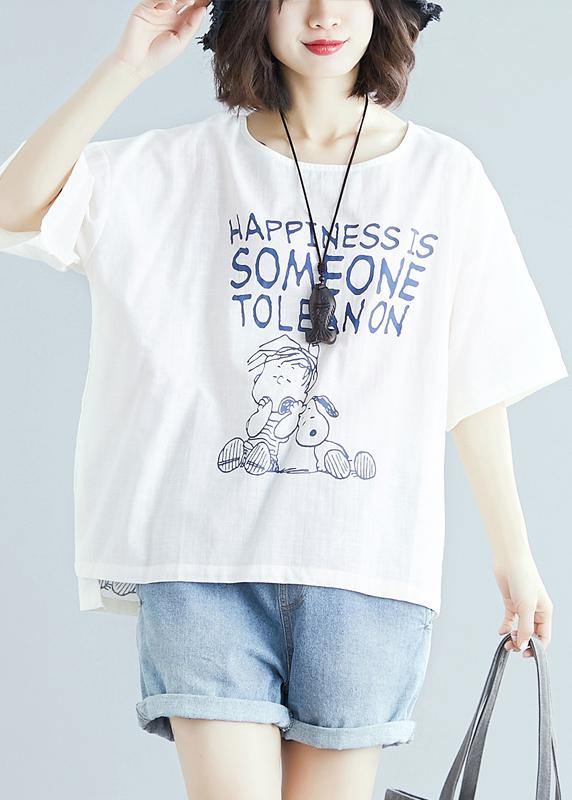 Simple White Print Linen Clothes Fabrics O Neck Baggy Blouse