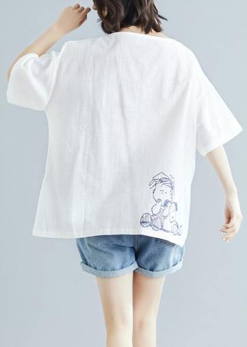 Simple White Print Linen Clothes Fabrics O Neck Baggy Blouse