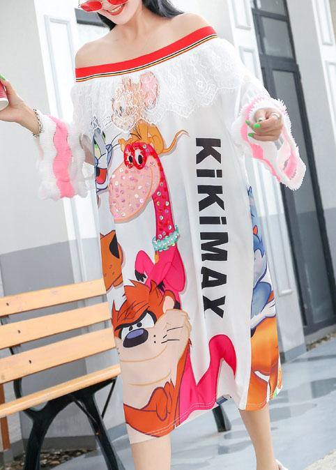 Simple White Prints Cotton Clothes for Slash Neck Robe Summer Dresses