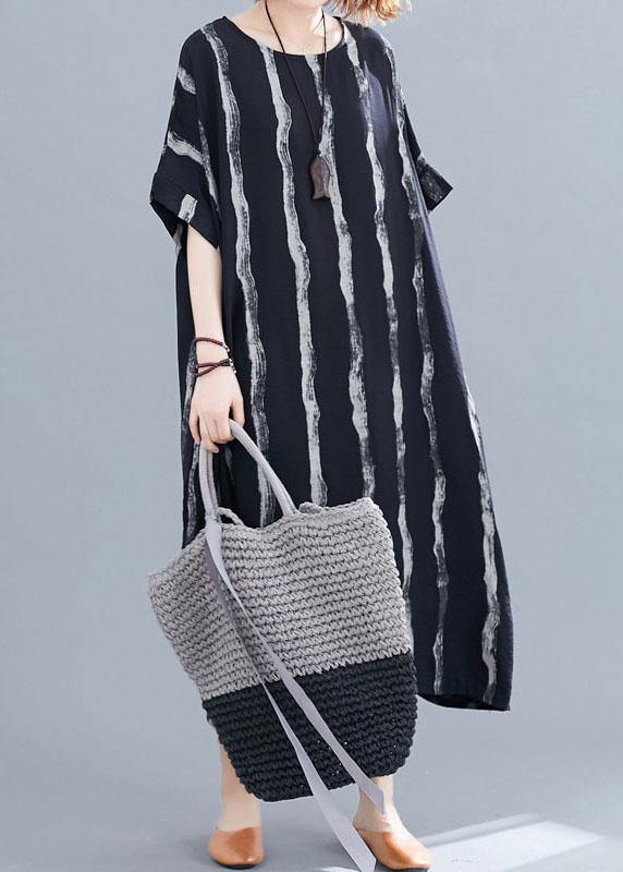 Simple White Striped Cotton Quilting Dresses O Neck Pockets Long Summer Dresses