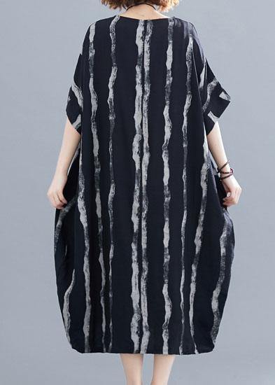 Simple White Striped Cotton Quilting Dresses O Neck Pockets Long Summer Dresses