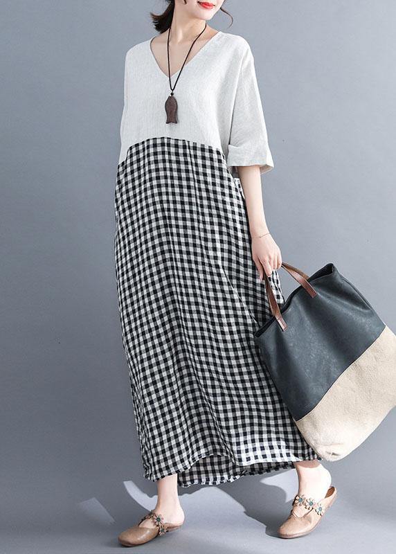 Simple White V Neck Cotton Clothes Patchwork Cotton Summer Dresses