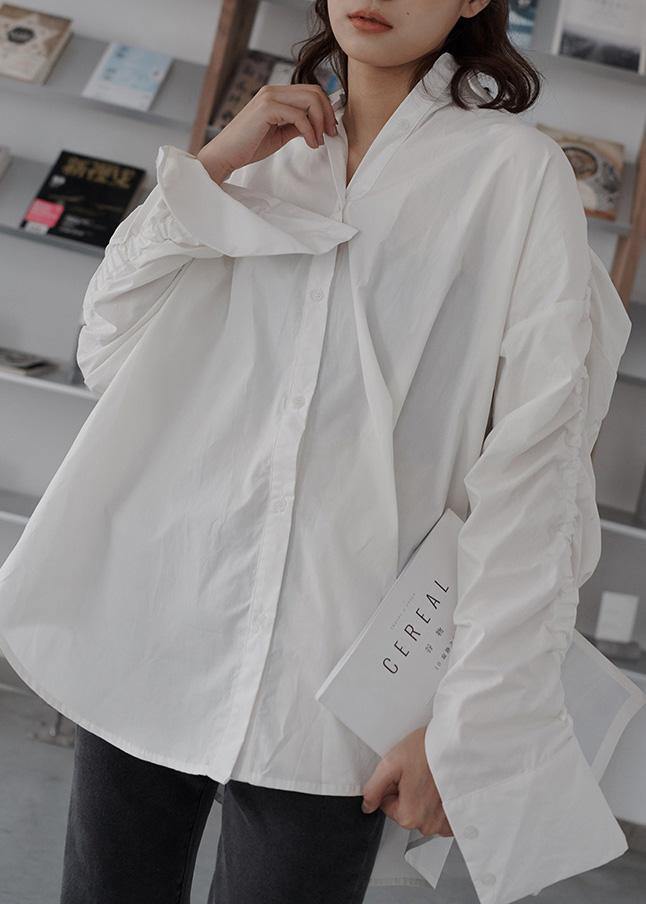 Simple Cinched Cotton Fall Tunic Shape White Tops