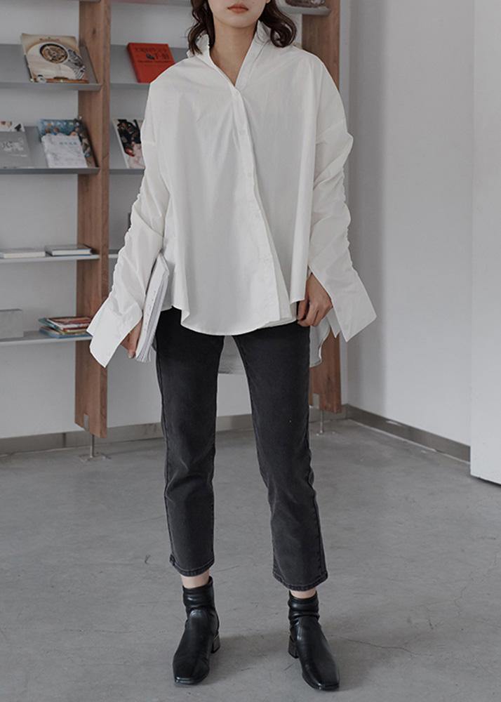 Simple Cinched Cotton Fall Tunic Shape White Tops