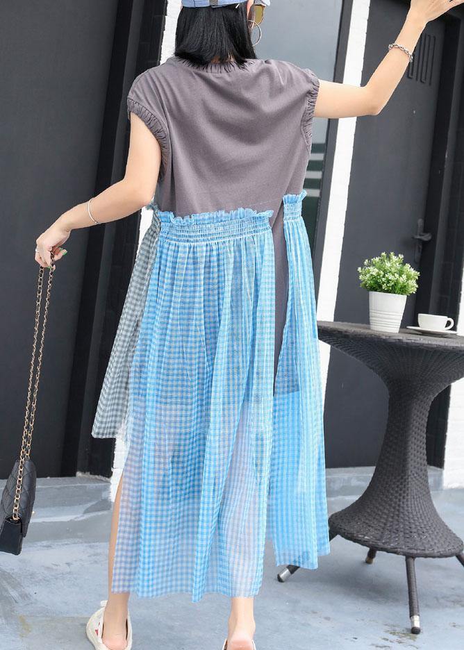 Simple Cinched O Neck Cotton Long Shirts Work Outfits Gray Patchwork Cotton Dress Summer