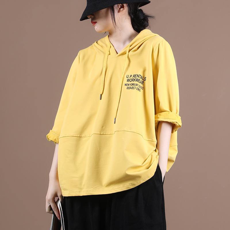 Simple Yellow Letter Shirts Hooded Patchwork Loose Shirt