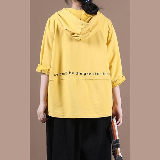 Simple Yellow Letter Shirts Hooded Patchwork Loose Shirt
