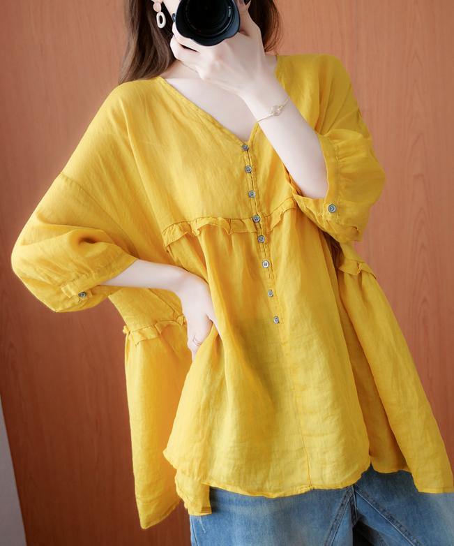 Simple Yellow Tunic V Neck Lantern Sleeve Clothing Blouse