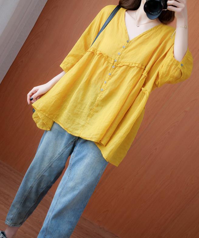 Simple Yellow Tunic V Neck Lantern Sleeve Clothing Blouse
