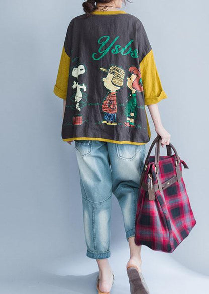 Simple Yellow Cotton Clothes for V Neck Prints Knee Summer Tops