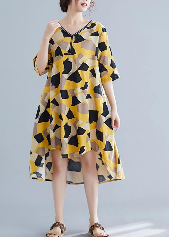 Simple Yellow Print Cotton Quilting Clothes V Neck Half Sleeve Oversized Summer Dress