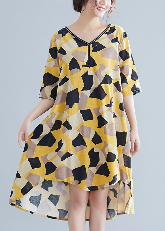 Simple Yellow Print Cotton Quilting Clothes V Neck Half Sleeve Oversized Summer Dress