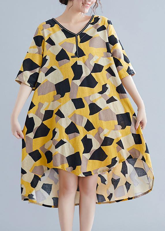 Simple Yellow Print Cotton Quilting Clothes V Neck Half Sleeve Oversized Summer Dress