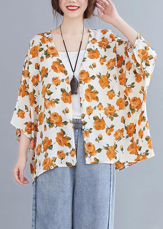Simple Yellow Print Top V Neck Batwing Sleeve Blouses