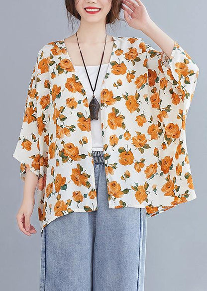 Simple Yellow Print Top V Neck Batwing Sleeve Blouses